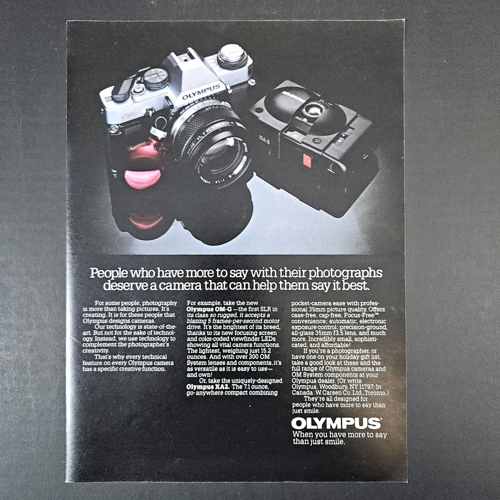 1983 Olympus OM-G SLR‎ XA2 Pocket Film Camera Vintage Print Ad Woodbury NY Shop